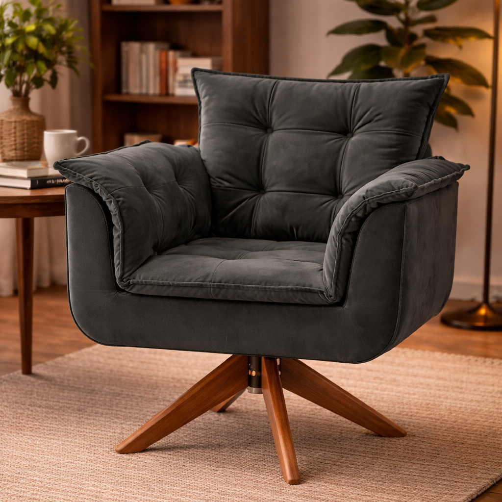 Poltrona Silicia Giratória Estofada em Tecido Deluxe com Estrutura de Madeira de Eucalipto