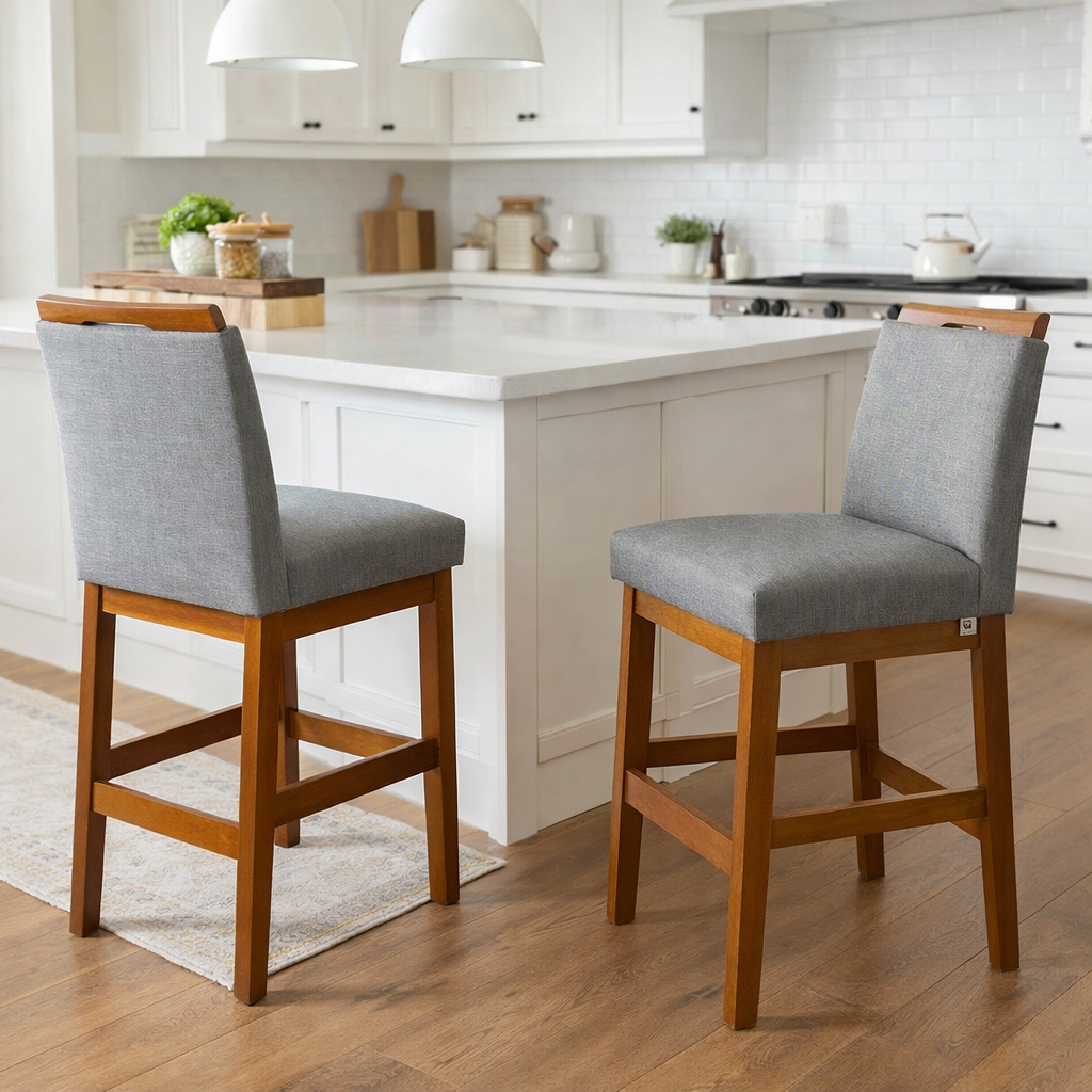 Kit 2 Banquetas Baixa Rubi 63cm Linho – Estrutura em Madeira