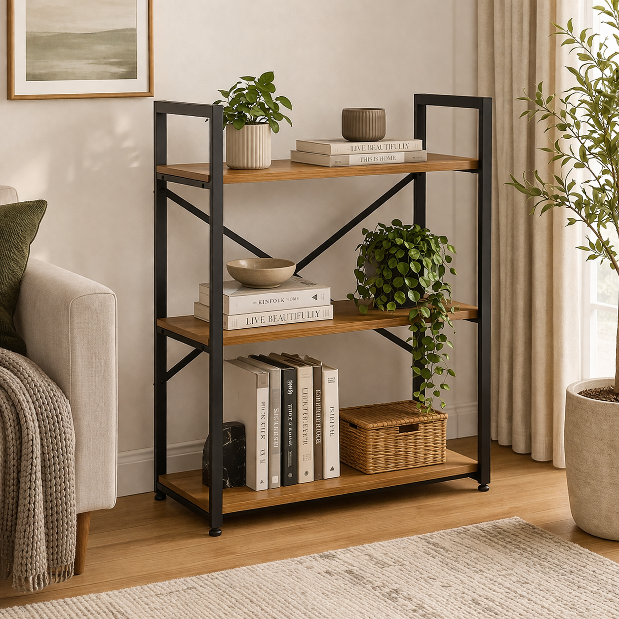 Estante Industrial Baixa 72x85cm com 3 Prateleiras Freijó e Preto