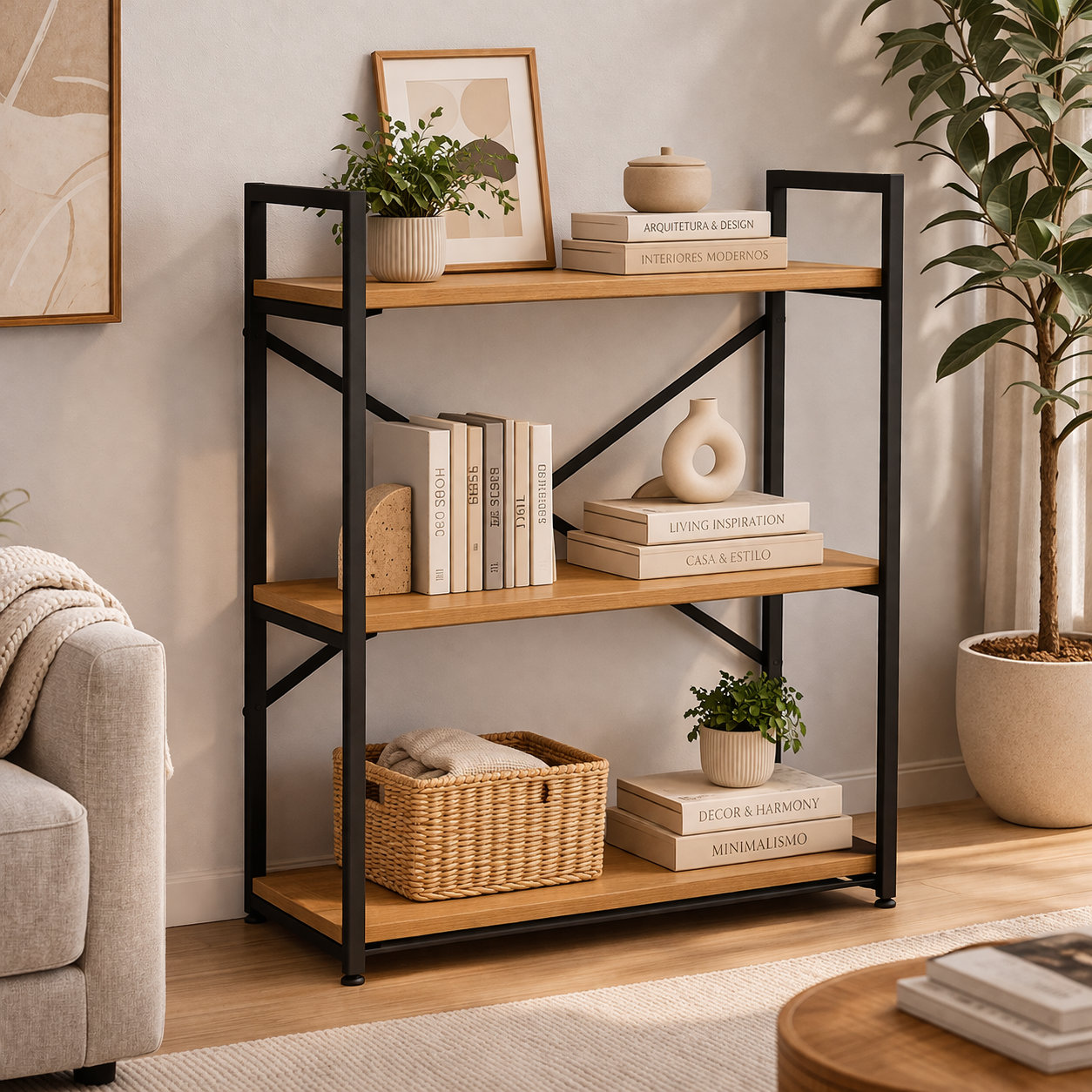 Estante Industrial Baixa 72x85cm com 3 Prateleiras Freijó e Preto