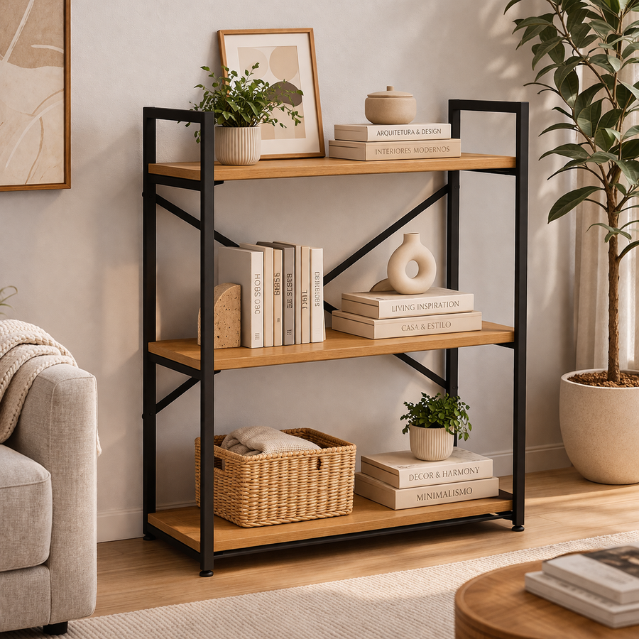Estante Industrial Baixa 72x85cm com 3 Prateleiras Freijó e Preto