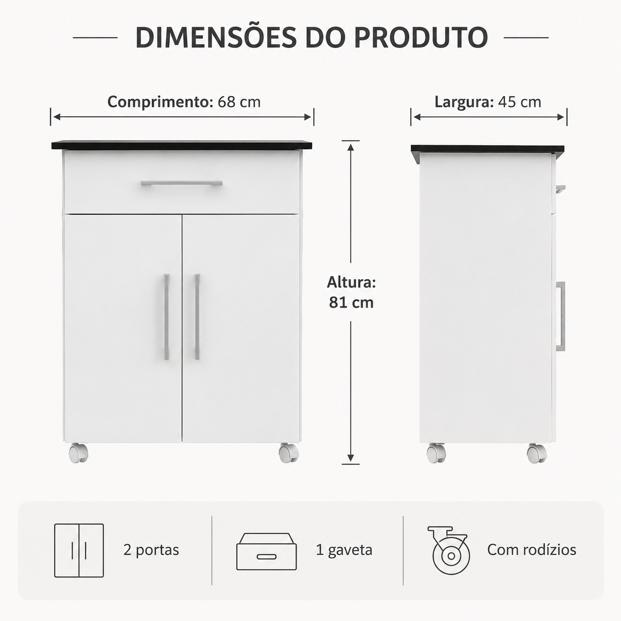 Balcão de Cozinha Multiuso com 2 Portas, 1 Gaveta e Rodízios 75 cm - imagem 3