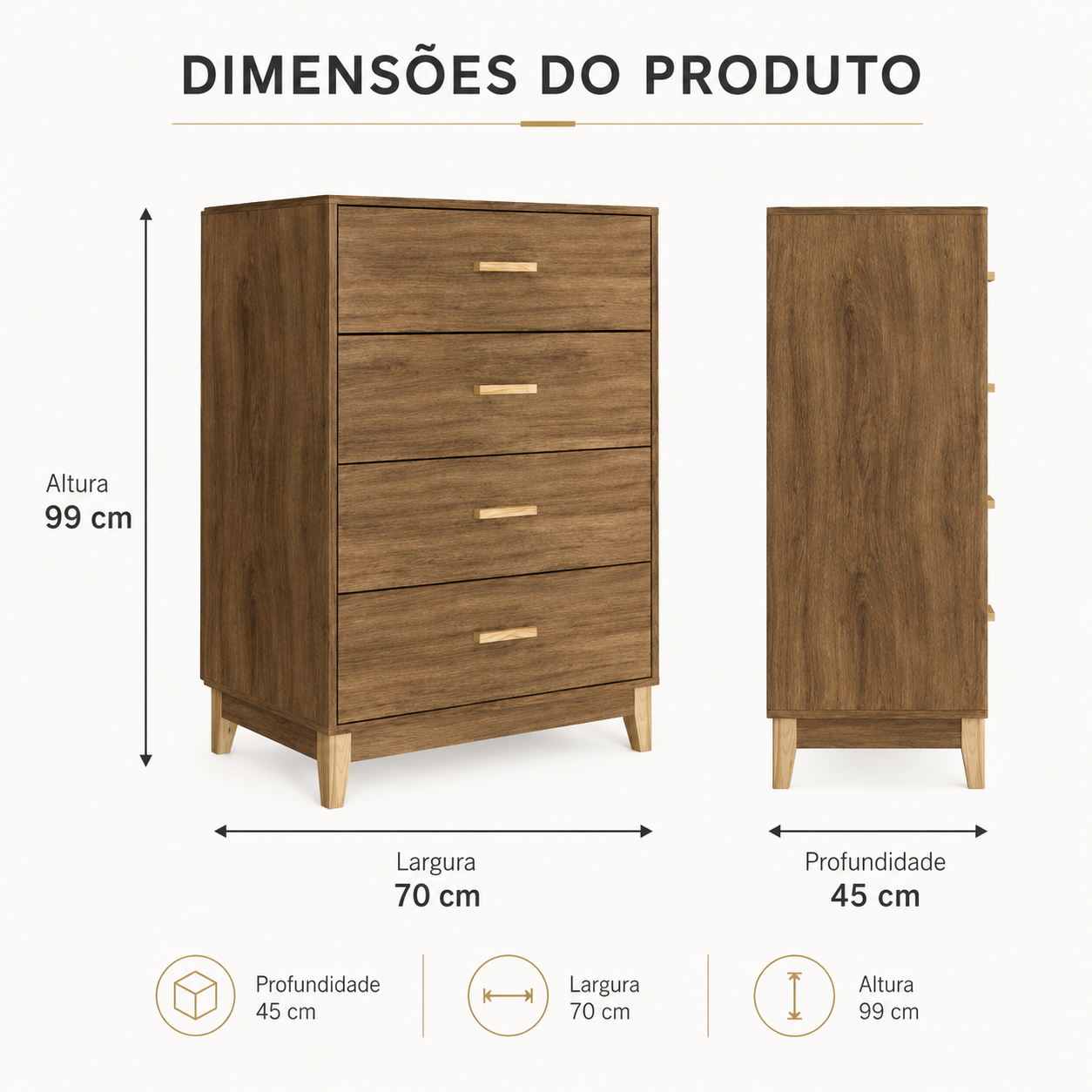 Cômoda 4 Gavetas com Corrediças Metálicas e Pés de Madeira 70 cm - imagem 6