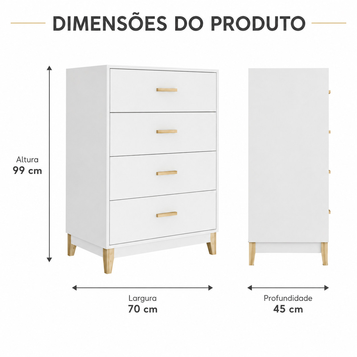 Cômoda 4 Gavetas com Corrediças Metálicas e Pés de Madeira 70 cm - imagem 8
