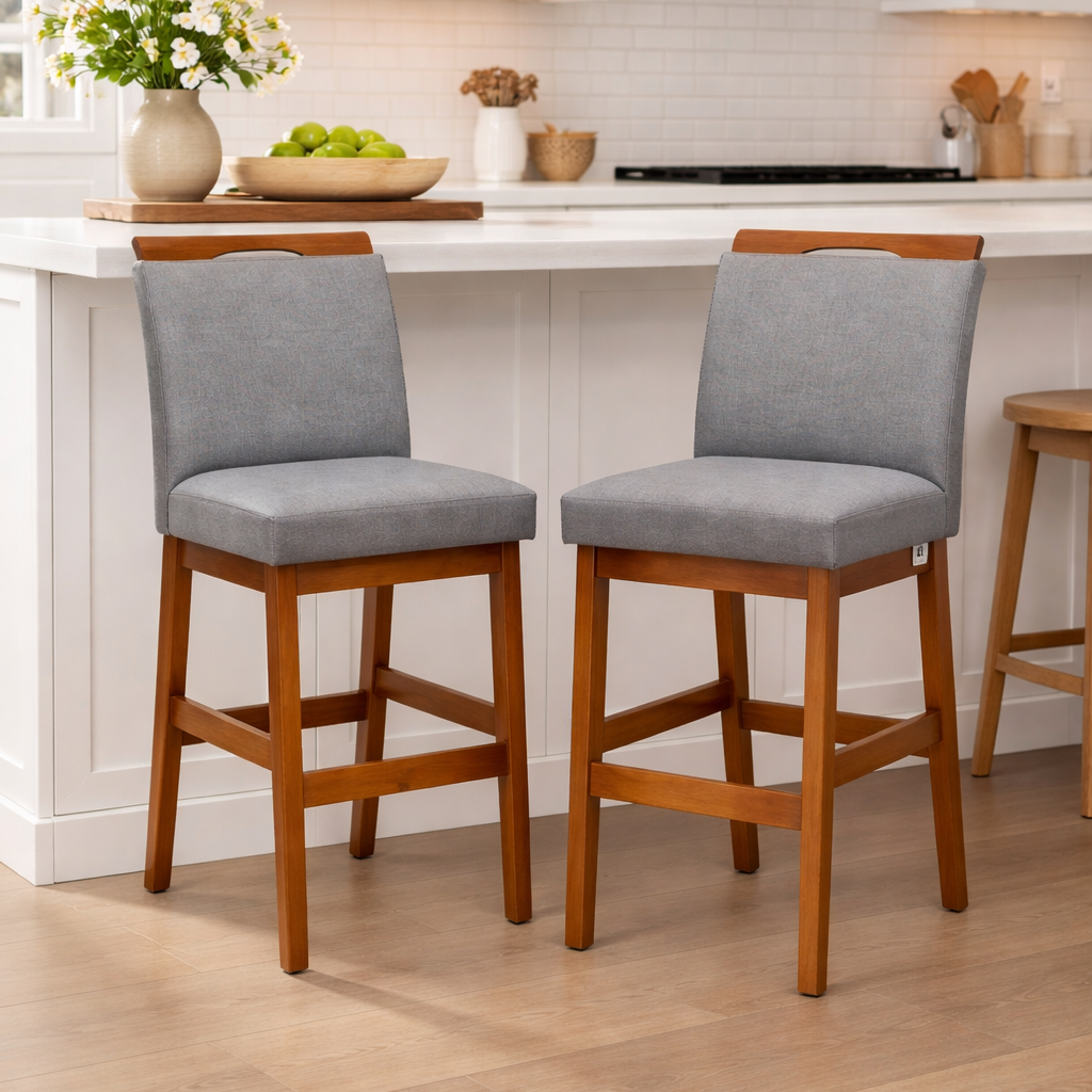 Kit 2 Banquetas Baixa Rubi 63cm Linho – Estrutura em Madeira