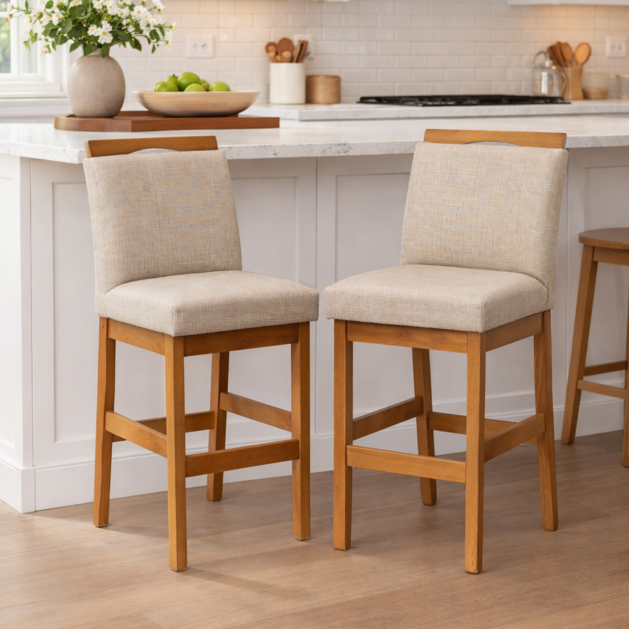 Kit 2 Banquetas Baixa Rubi 63cm Linho – Estrutura em Madeira