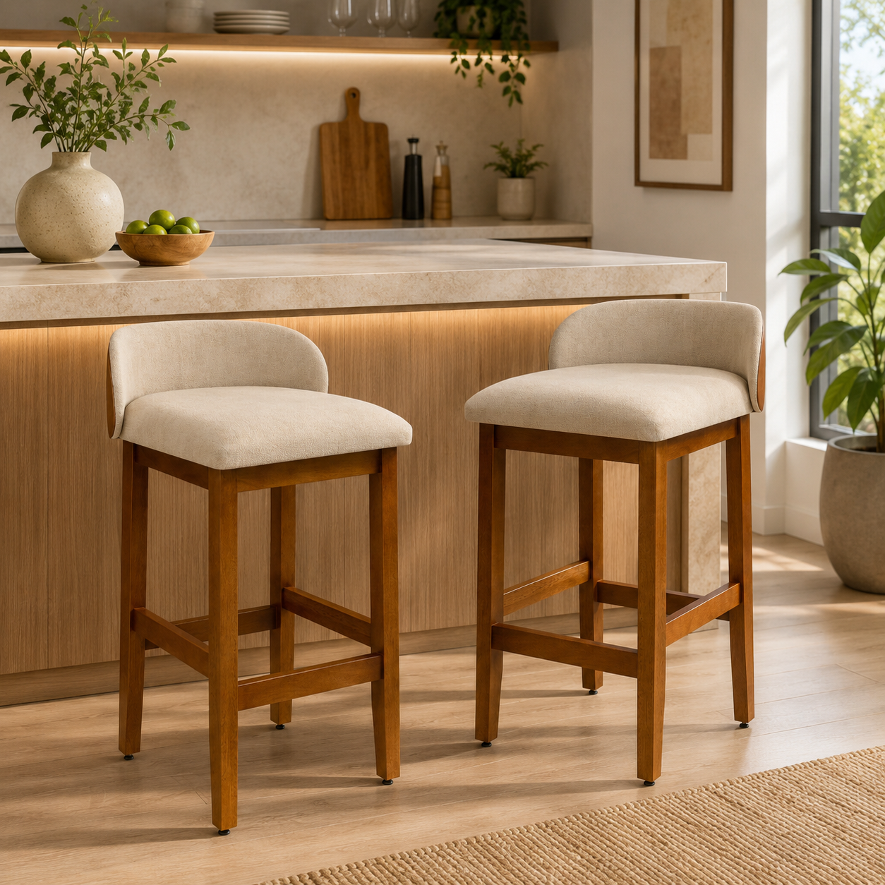 Kit 2 Banquetas Alta Marfim Estofada em Linho – Estrutura em Madeira