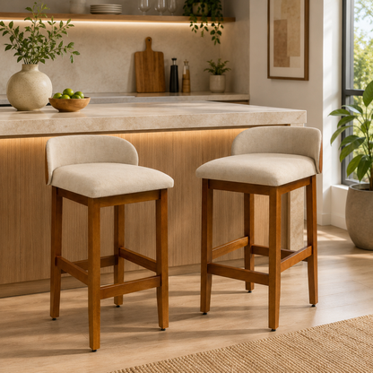 Kit 2 Banquetas Alta Marfim Estofada em Linho – Estrutura em Madeira
