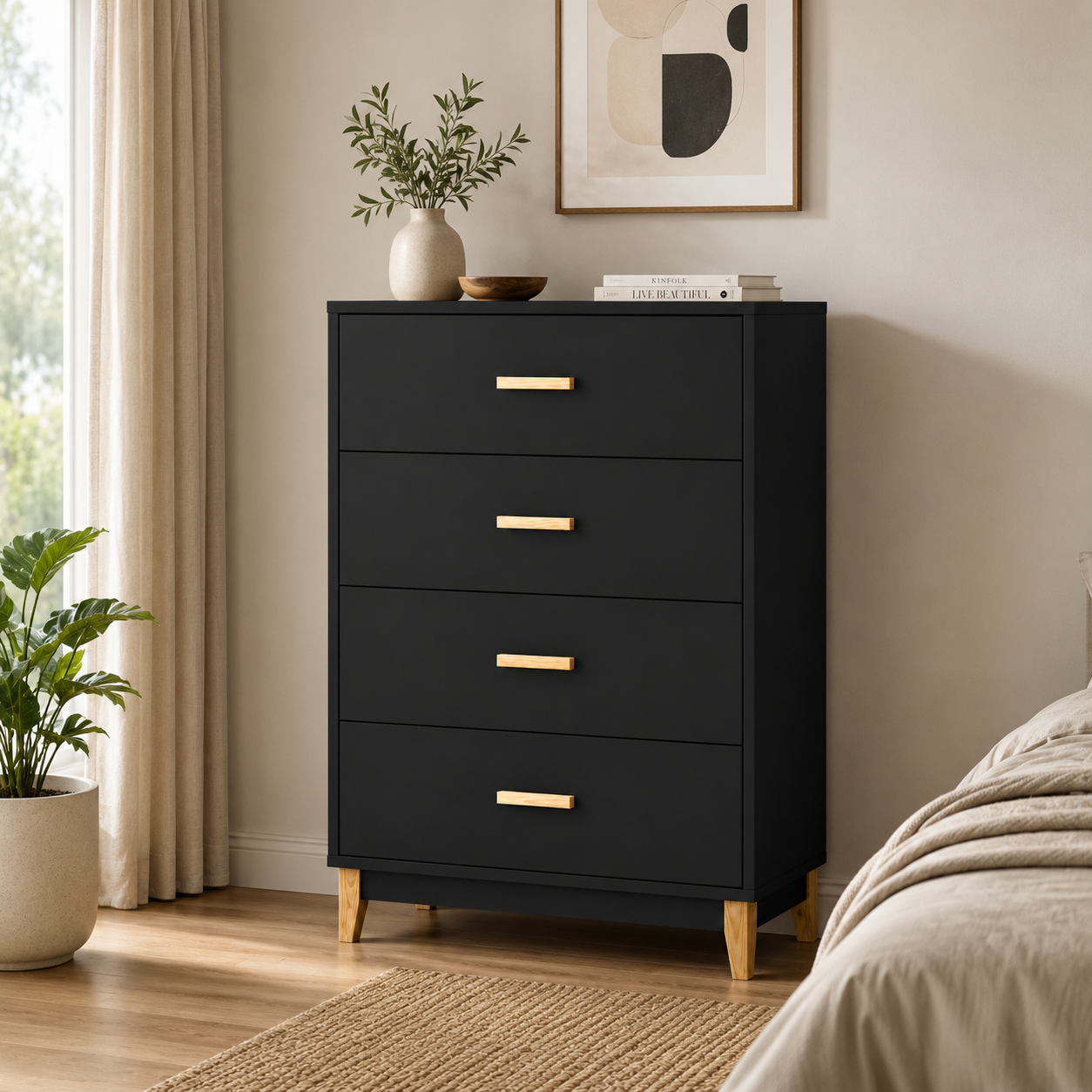 Cômoda 4 Gavetas com Corrediças Metálicas e Pés de Madeira 70 cm