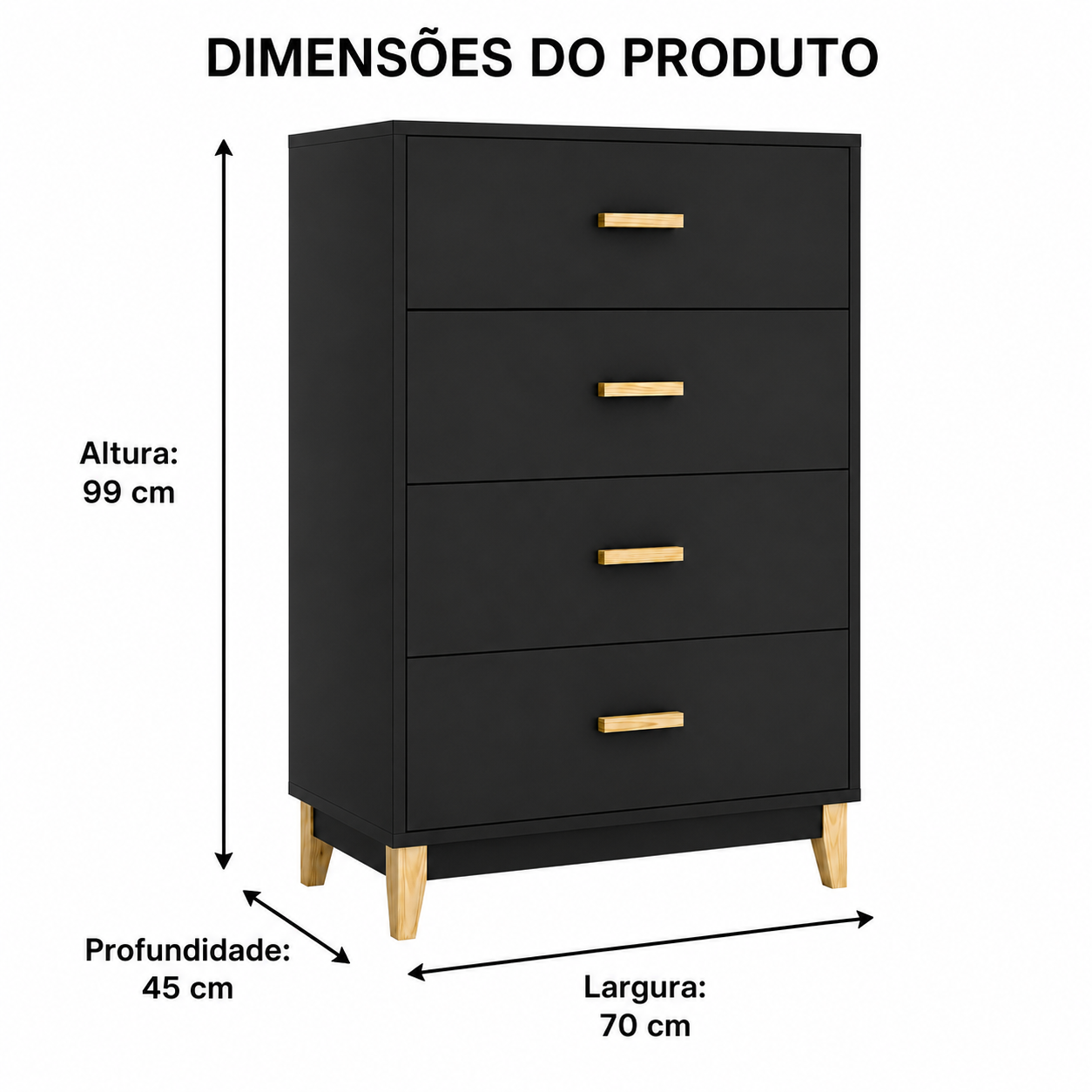 Cômoda 4 Gavetas com Corrediças Metálicas e Pés de Madeira 70 cm