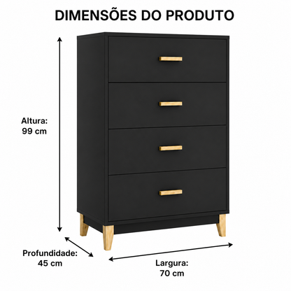 Cômoda 4 Gavetas com Corrediças Metálicas e Pés de Madeira 70 cm