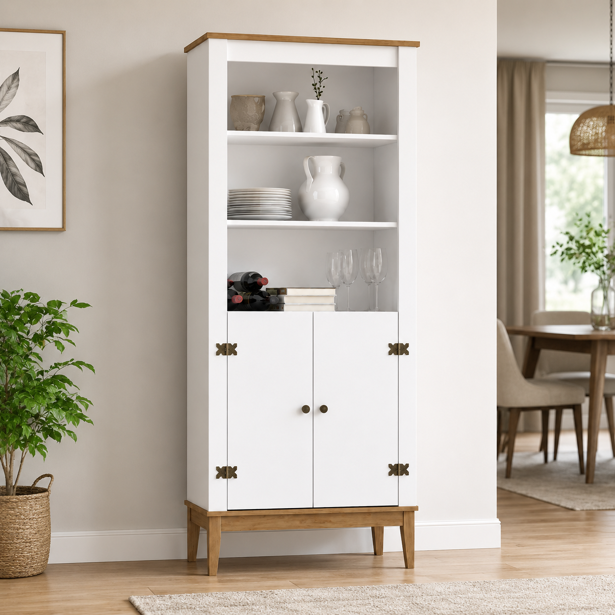Estante Colonial com 2 Portas, 3 Nichos e Pés de Madeira 75x180 cm