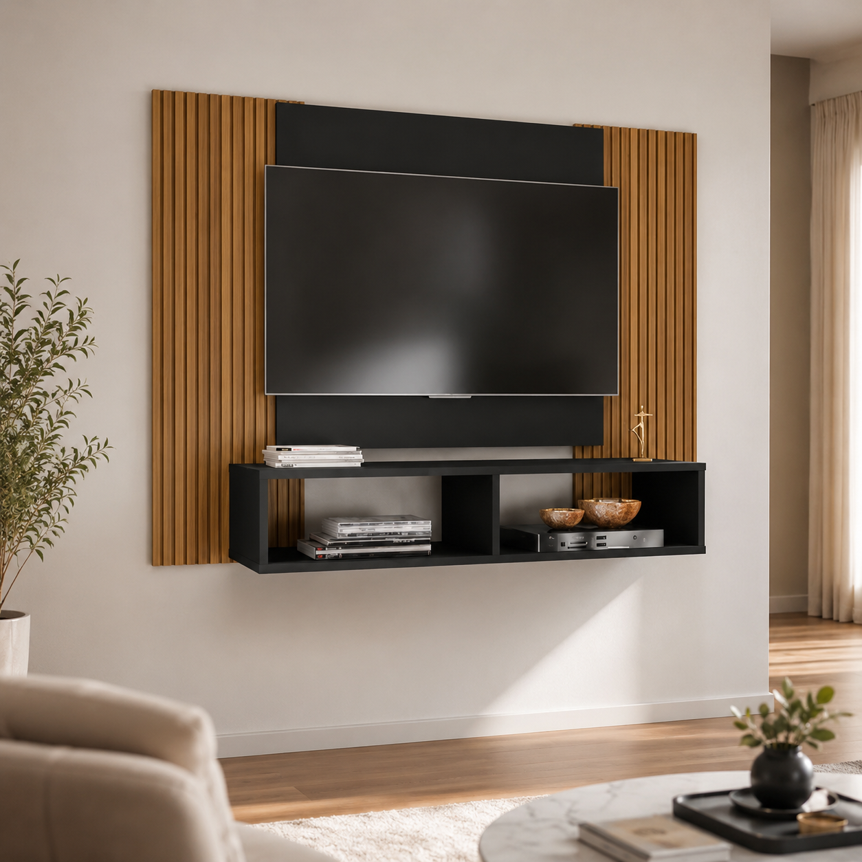 Painel Navi Preto Fosco/Ripado com Rack Suspenso para TV até 48”