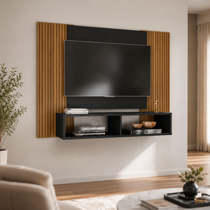 Painel Navi Preto Fosco/Ripado com Rack Suspenso para TV até 48”