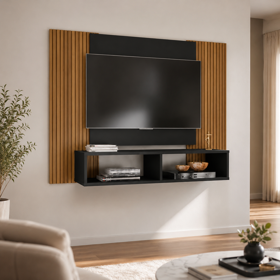 Painel Navi Preto Fosco/Ripado com Rack Suspenso para TV até 48”