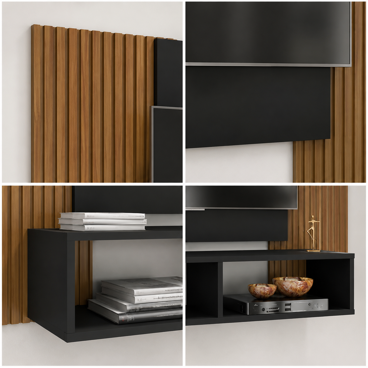 Painel Navi Preto Fosco/Ripado com Rack Suspenso para TV até 48”