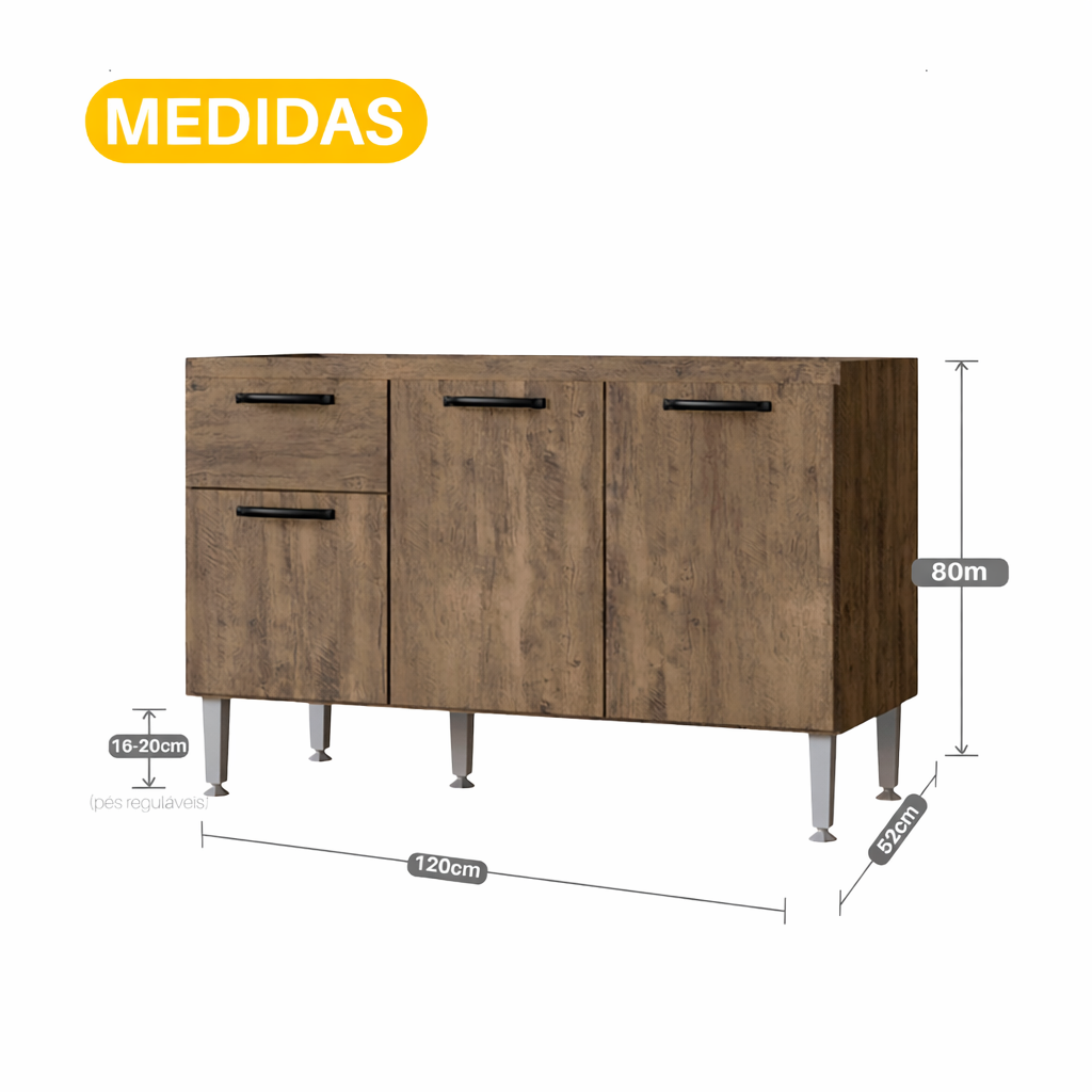 Balcão Cozinha 120cm 3 Portas – Sem Tampo