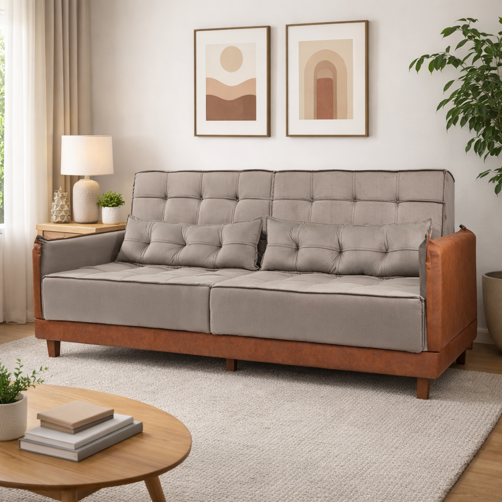 Sofá Cama Arizona 210cm Estofado D28 Linho/Corino Sala Multiuso Sofá que Vira Cama