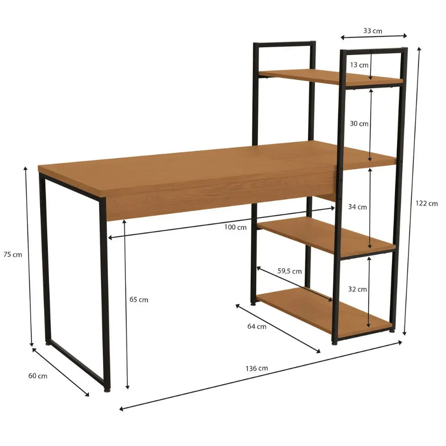 Mesa Escrivaninha com Estante 3 Prateleiras Industrial 1,36m