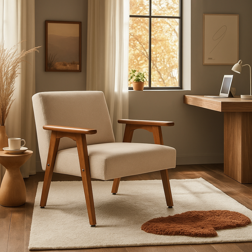 Poltrona Veneza estofada em bege com braços em madeira