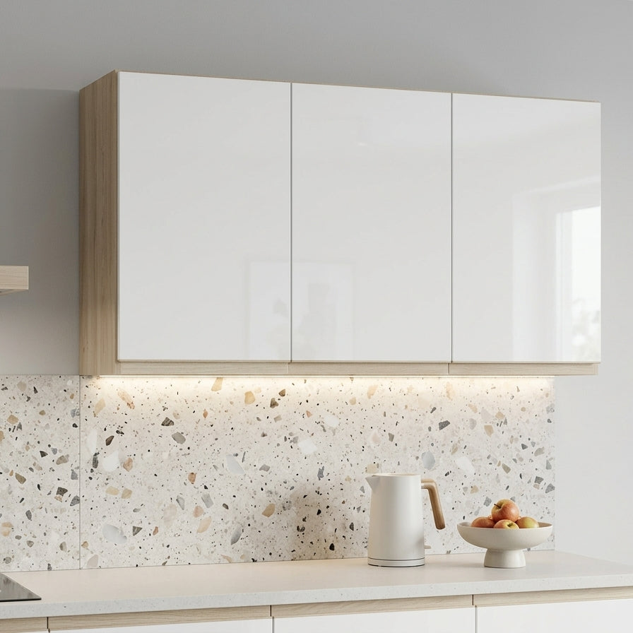 Armário Aéreo de Cozinha 120 cm 3 Portas Nature e Branco ambientado na cozinha
