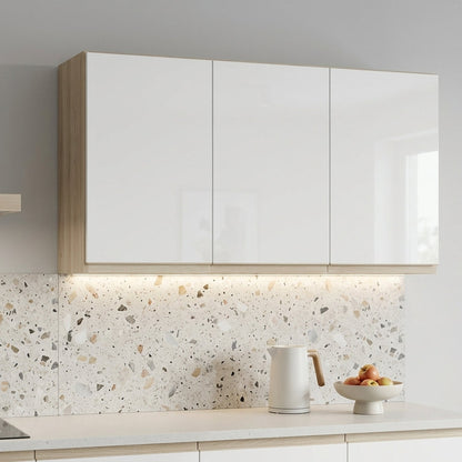 Armário Aéreo de Cozinha 120 cm 3 Portas Nature e Branco ambientado na cozinha