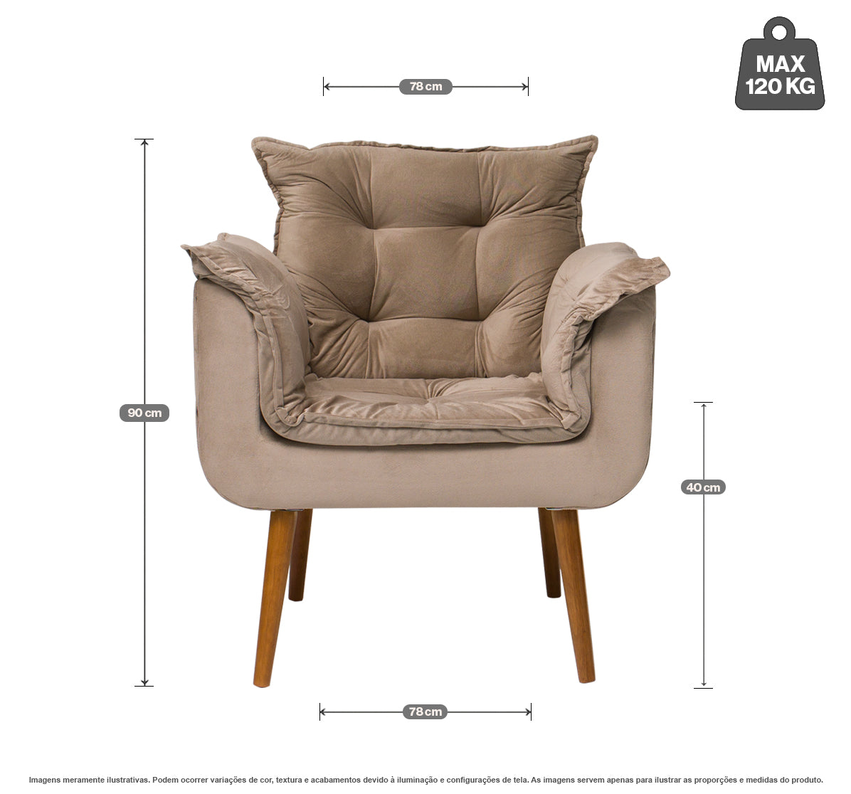 Poltrona Silicia com Pés Palito em Madeira de Eucalipto e Estofado em Tecido Deluxe – Design Elegante