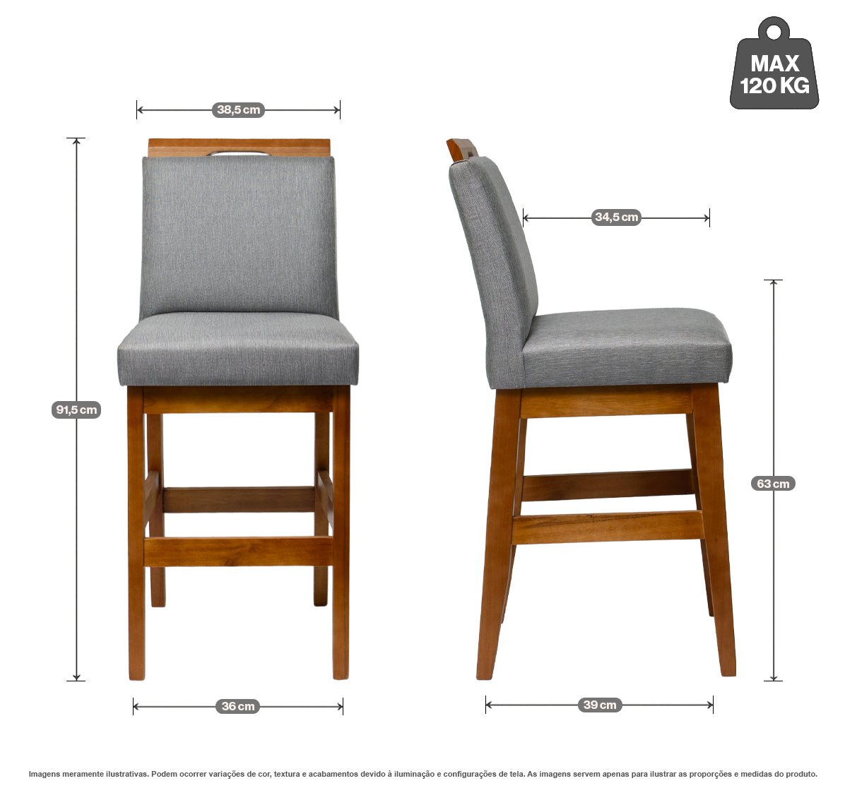 Kit 2 Banquetas baixas Rubi 63cm Estofada em Tecido Linho com Estrutura de Madeira Maciça - Ideal para Mesas e Bancadas Compactas