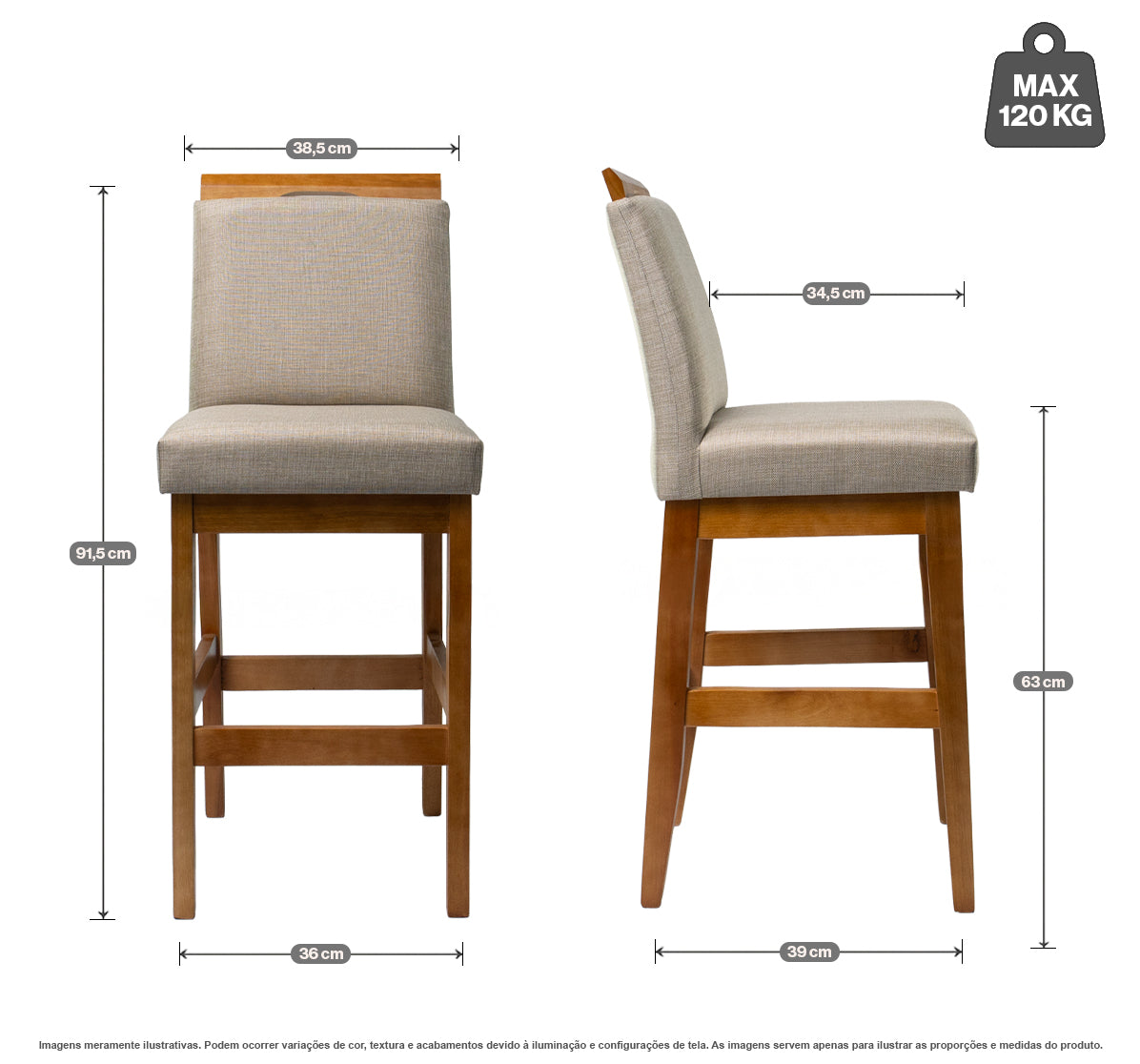 Kit 2 Banquetas Baixa Rubi 63cm Linho – Estrutura em Madeira