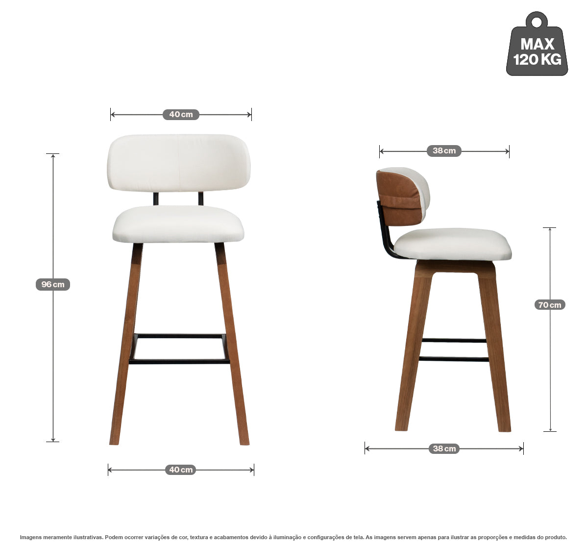 Kit 2 Banquetas Aurora em Madeira Maciça com Assento Estofado e Encosto Anatômico — Conforto para Cozinha Gourmet