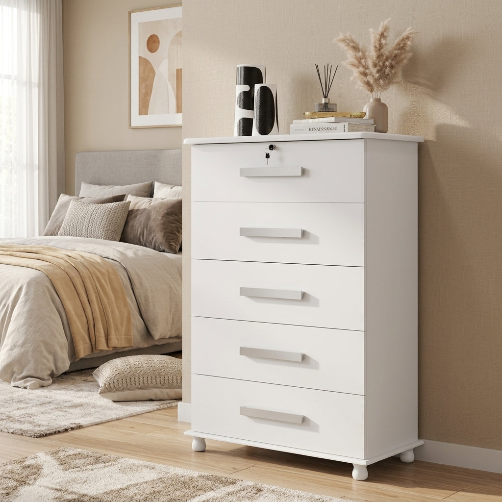 Cômoda Carrara 5 Gavetas com Chave e Corrediças Telescópicas