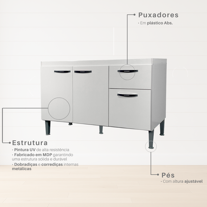 Balcão de Cozinha 120cm 3 Portas 1 Gaveta sem Tampo com Pés Reguláveis