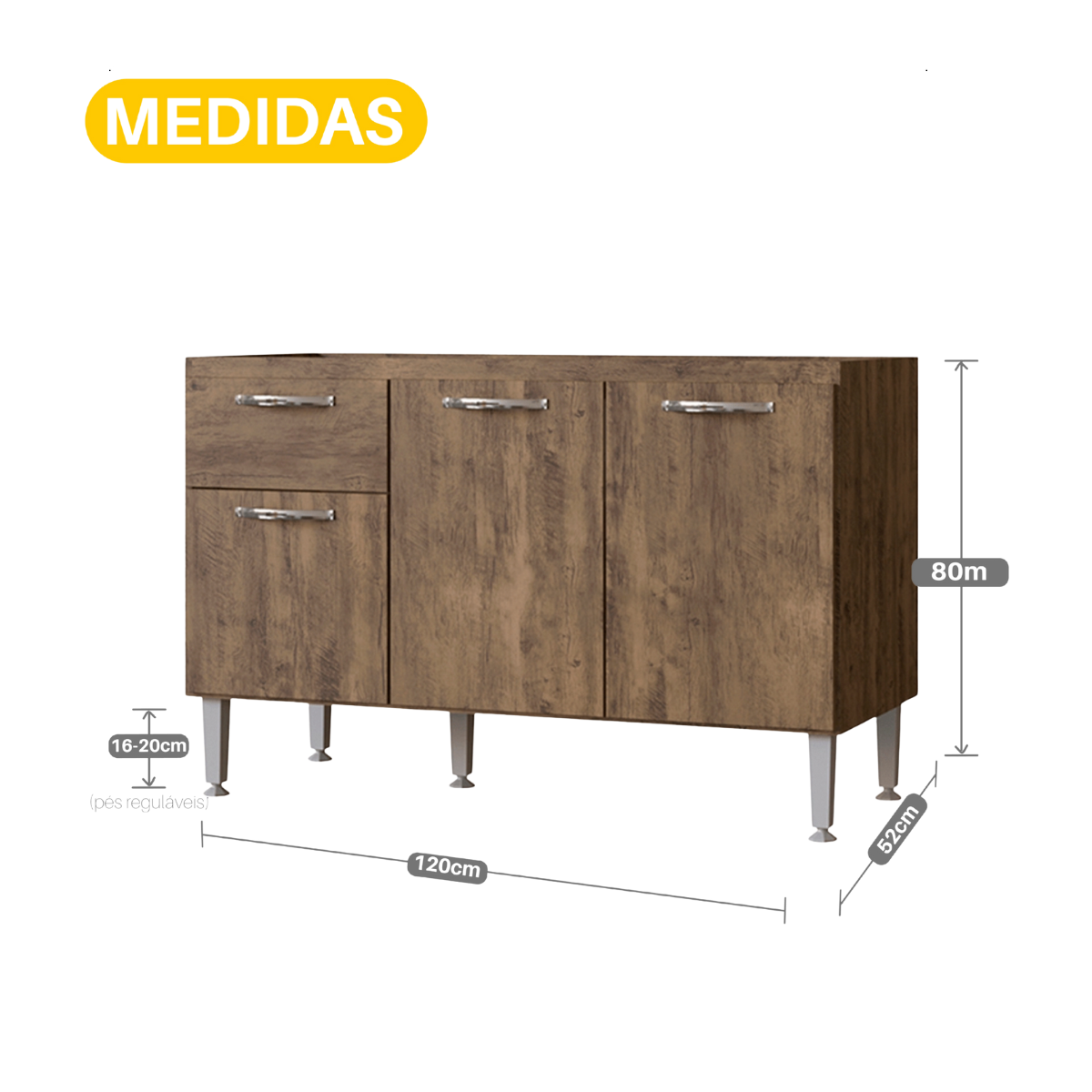 Balcão de Cozinha 120cm 3 Portas 1 Gaveta sem Tampo com Pés Reguláveis