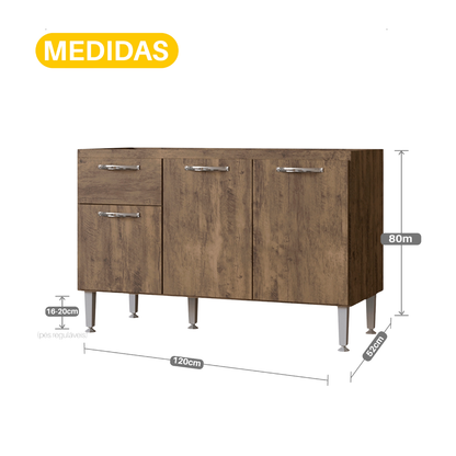 Balcão de Cozinha 120cm 3 Portas 1 Gaveta sem Tampo com Pés Reguláveis