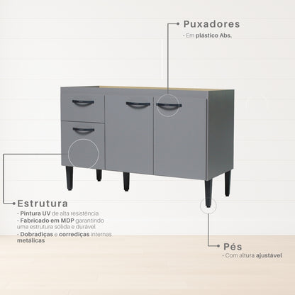 Balcão de Cozinha 120cm 3 Portas 1 Gaveta sem Tampo com Pés Reguláveis