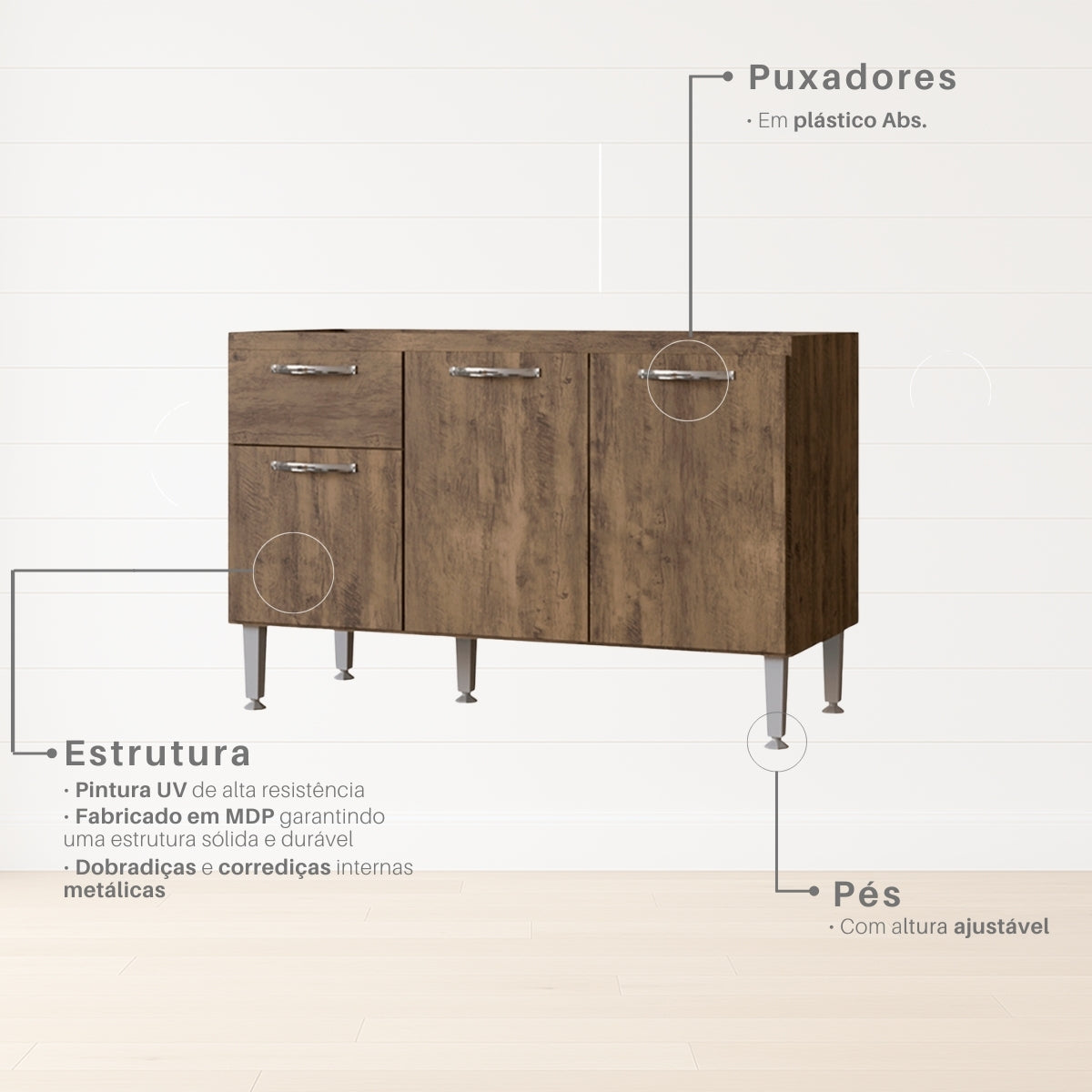 Balcão de Cozinha 120cm 3 Portas 1 Gaveta sem Tampo com Pés Reguláveis