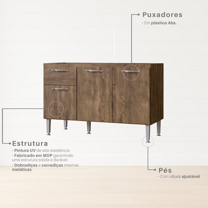 Balcão de Cozinha 120cm 3 Portas 1 Gaveta sem Tampo com Pés Reguláveis