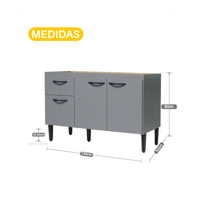 Balcão de Cozinha 120cm 3 Portas 1 Gaveta sem Tampo com Pés Reguláveis