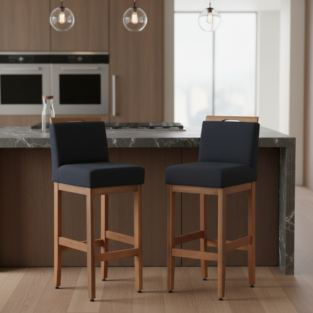 2 Banquetas Safira com Assento Estofado em Tecido Linho e Estrutura de Madeira Maciça – Com Encosto e Apoio para os Pés, Altura 104 cm para Bancadas Altas