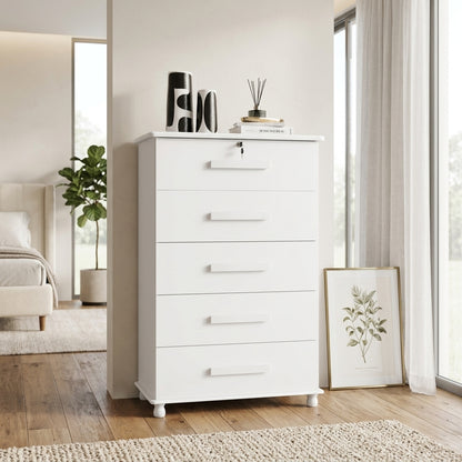 Cômoda Carrara 5 Gavetas com Chave e Corrediças Telescópicas ambientado no quarto