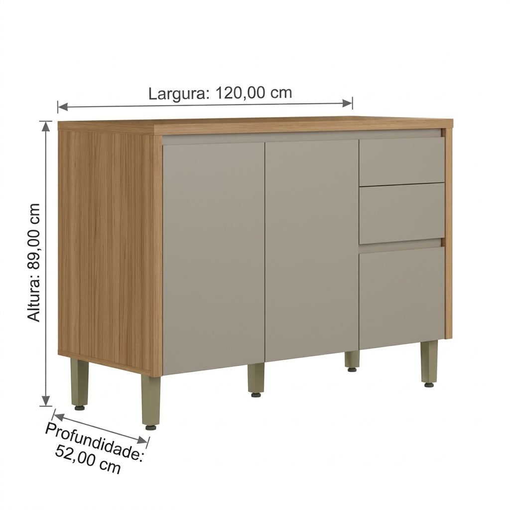 Vista do Balcão de Pia Allure 120 cm 100% MDF 2 Portas e 3 Gavetas