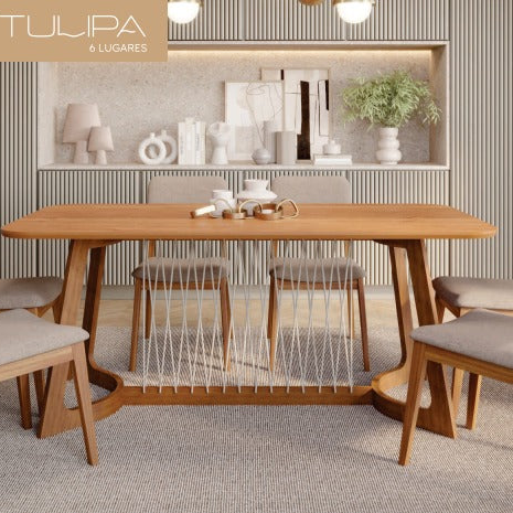 Mesa de Jantar Tulipa 2,10m Madeira Tauari – Tampo Vidro