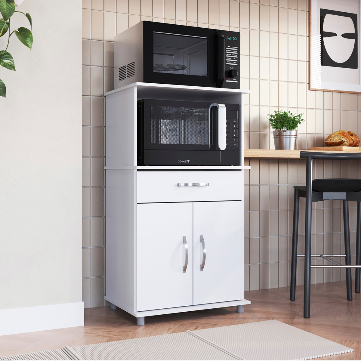 Balcão Armário de Forno Laura para cozinha, com espaço para forno e micro-ondas e tampo de apoio multiuso