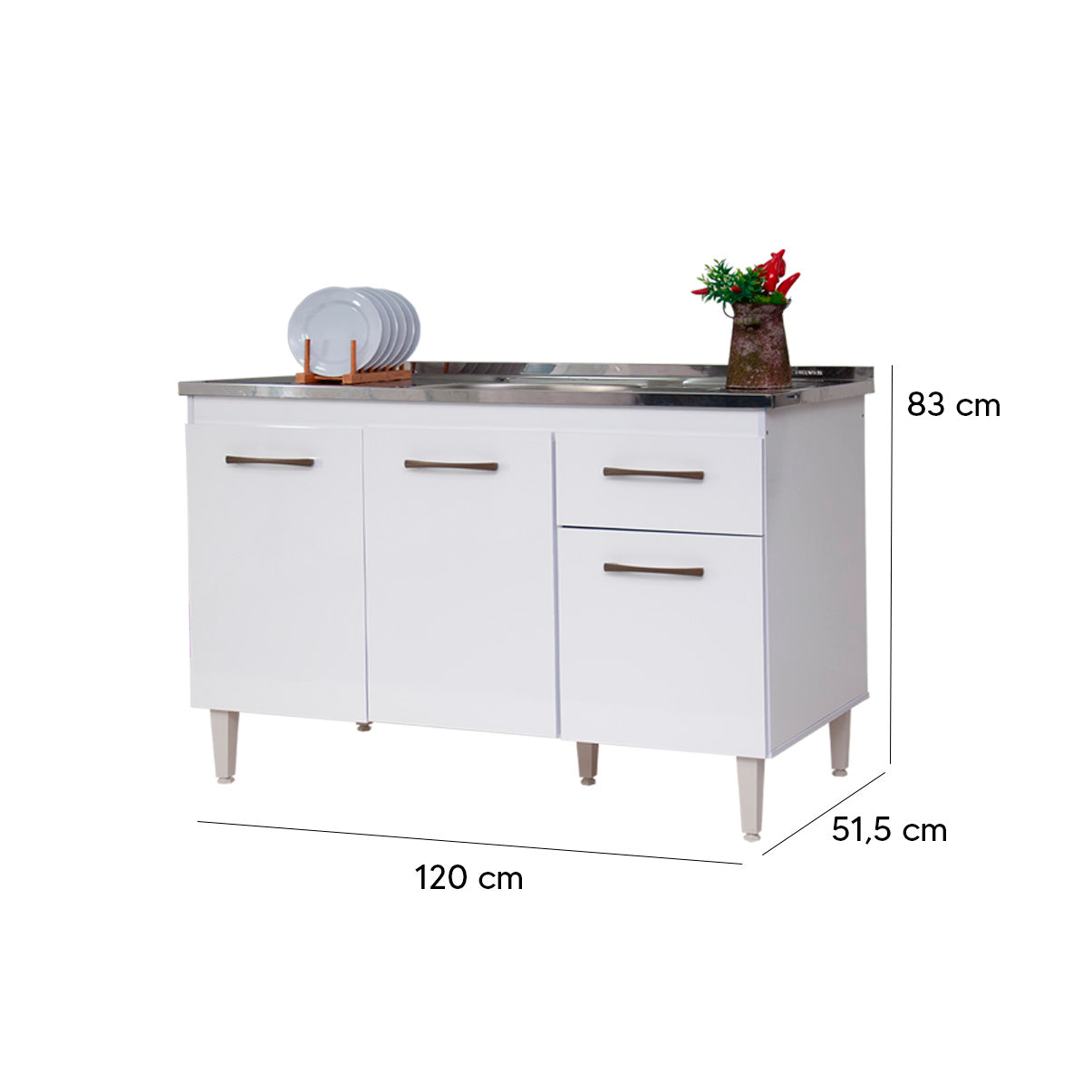 Balcão de Cozinha 118cm com 3 Portas e Gaveta com Corrediça Metálica e Estrutura em MDF/MDP — Praticidade para Cozinha Compacta (Sem Tampo)