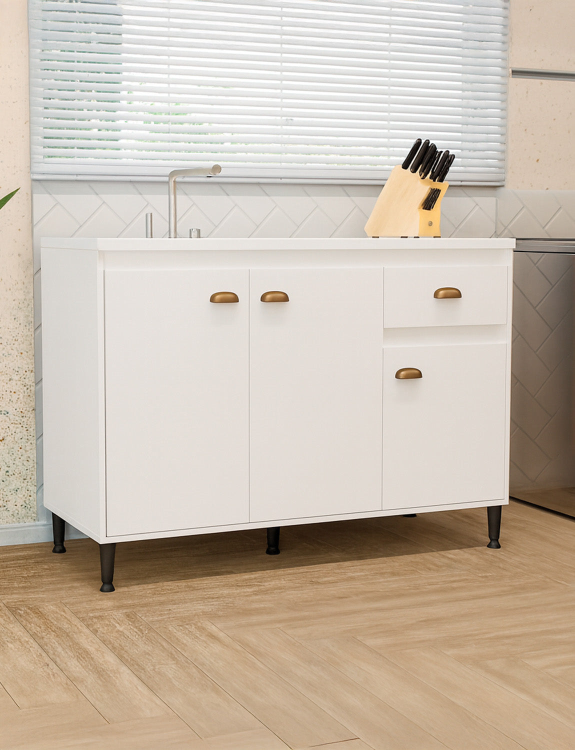 Balcão de Pia para Cozinha MB 1030 120cm armário com 3 portas, 1 gaveta