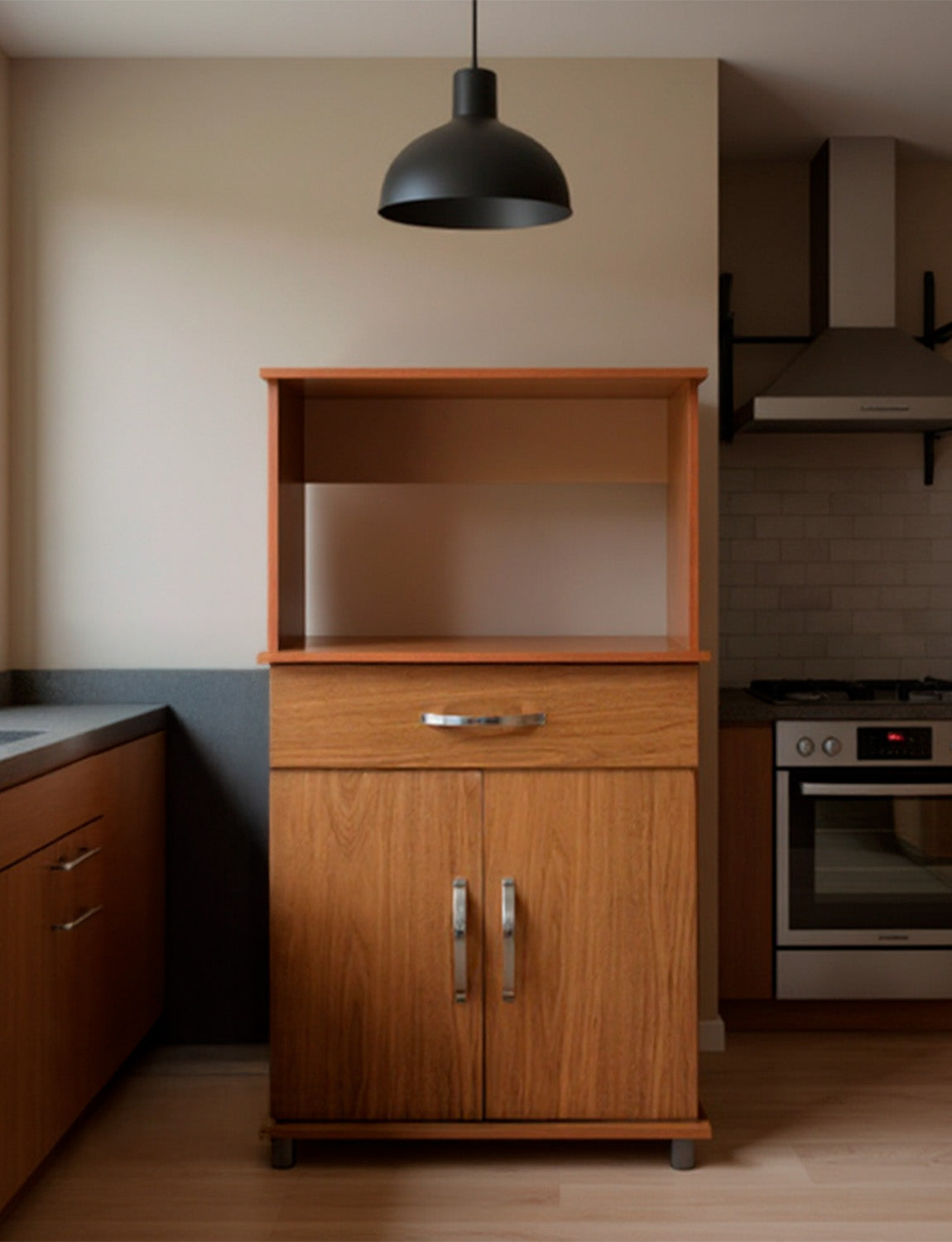 Balcão Armário de Forno Laura para cozinha, com espaço para forno e micro-ondas e tampo de apoio multiuso