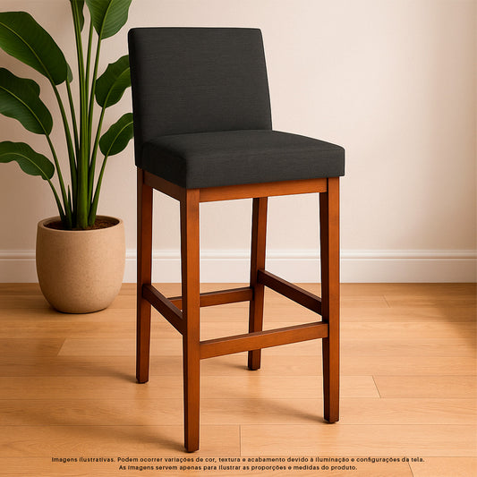 Banqueta Gold Estofada com Encosto em Tecido Linho, Espuma D23 e Estrutura 100% Madeira Maciça de Eucalipto com Apoio para os Pés e Acabamento em Verniz