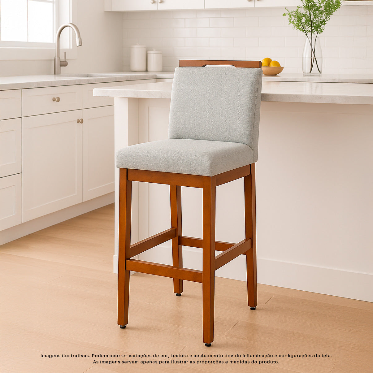 Banqueta Rubi Baixa Estofada em Tecido Linho com Estrutura de Madeira Maciça - Ideal para Mesas e Bancadas Compactas