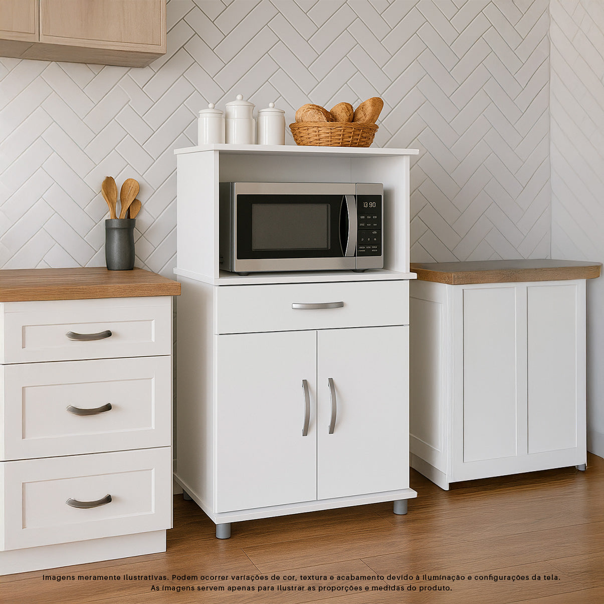 Balcão Armário de Forno Laura para cozinha, com espaço para forno e micro-ondas e tampo de apoio multiuso