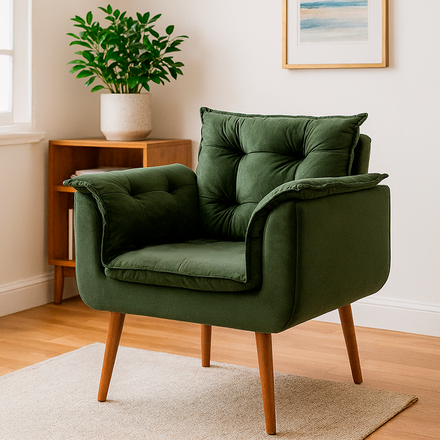 Poltrona Silicia com Pés Palito em Madeira de Eucalipto e Estofado em Tecido Deluxe – Design Elegante